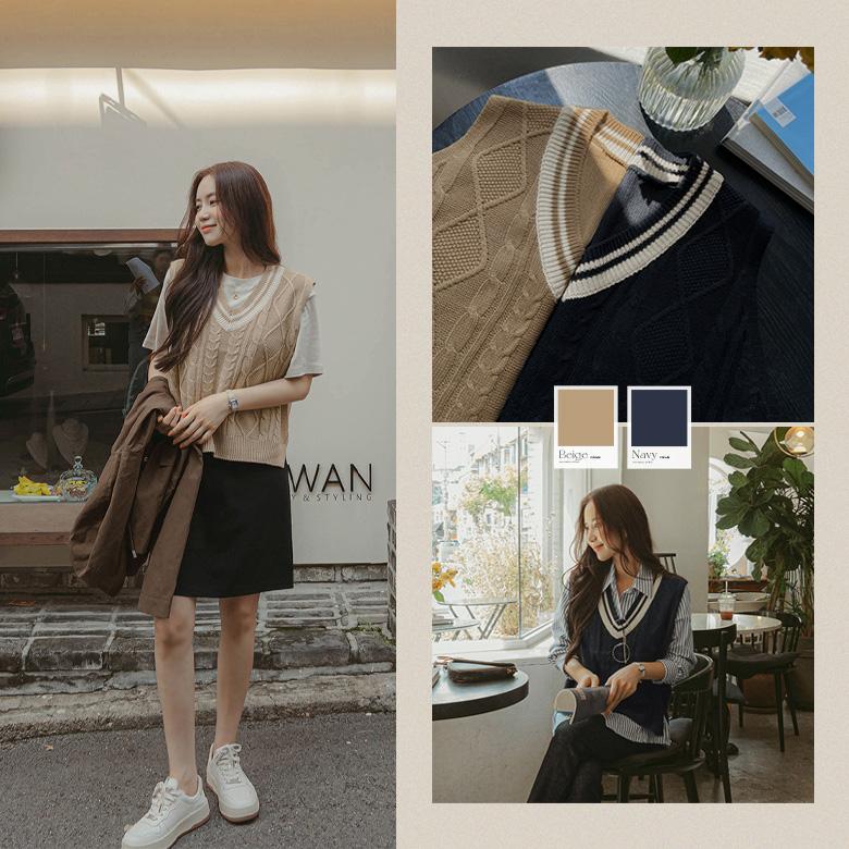 크룬 배색 니트 조끼