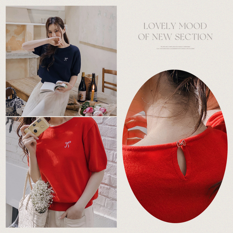 우리 리본자수 반팔 니트