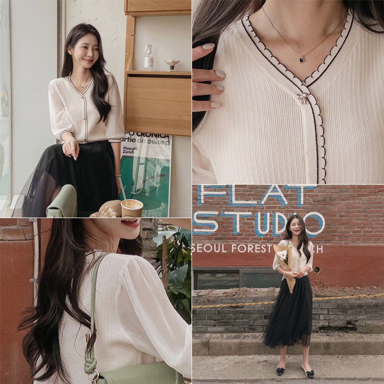 민즈 리본버튼 7부 니트