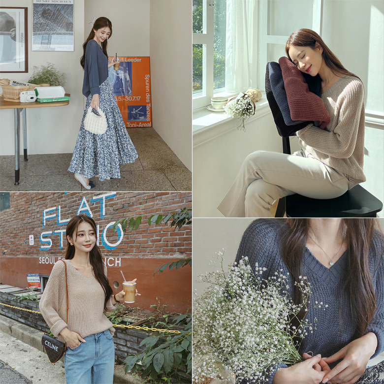 커스 브이넥 하찌 니트