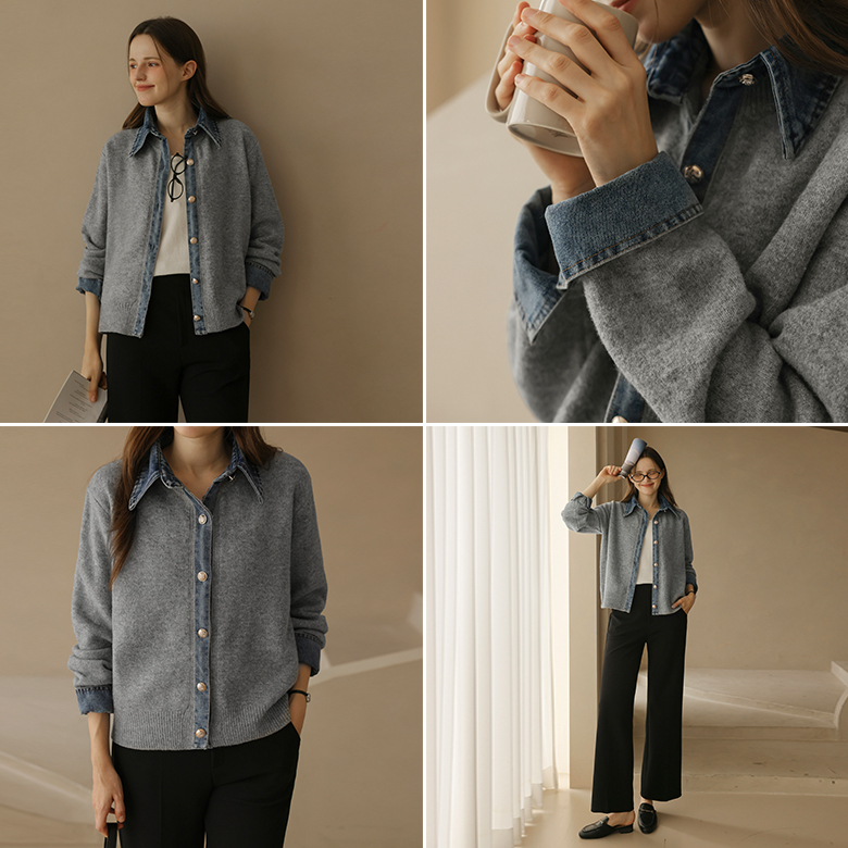 [뮤즈린] 타오 데님배색 골드버튼 가디건