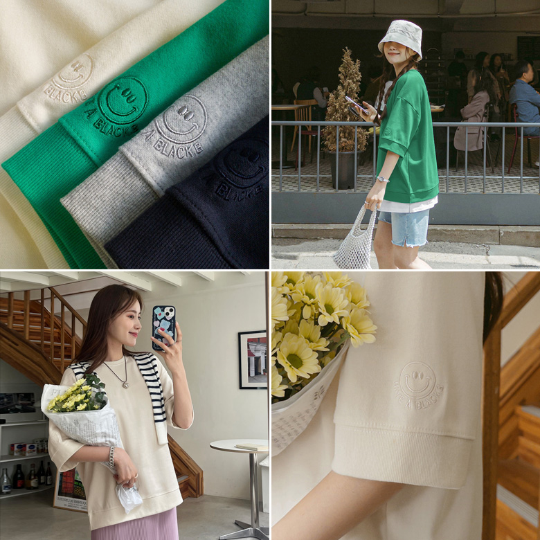 퍼먼 스마일 자수 반팔 맨투맨