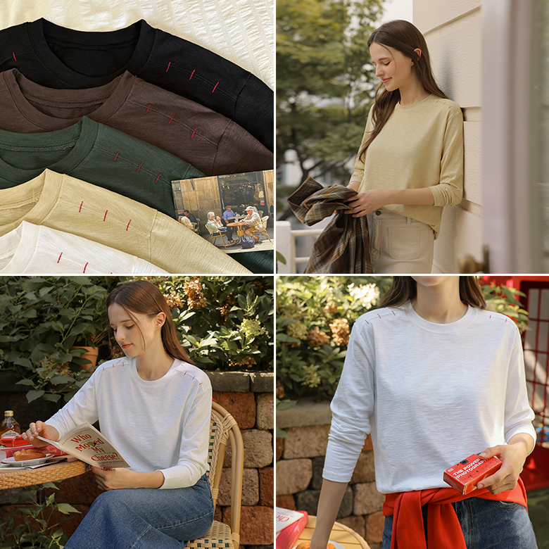 [뮤즈린] [1+1] 모드 스티치 슬라브 티셔츠