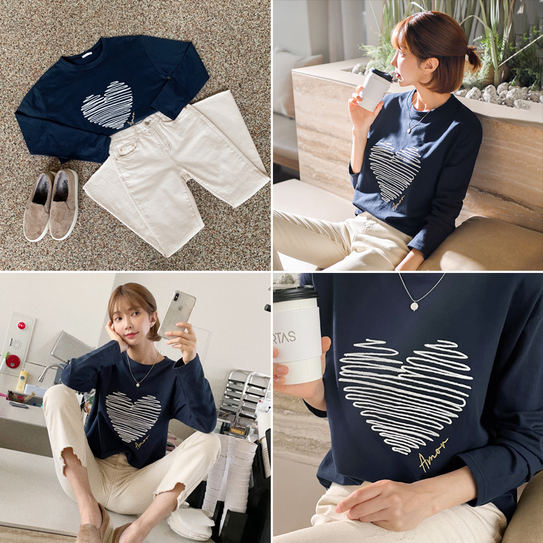 콩닥콩닥 하트 자수 티셔츠