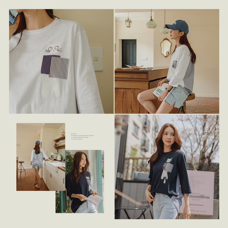 니크 고양이 배색 티셔츠