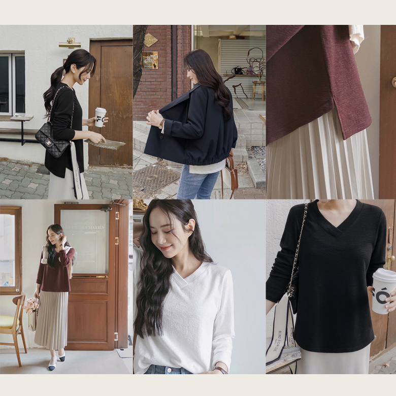 폰트 브이넥 슬라브 티셔츠