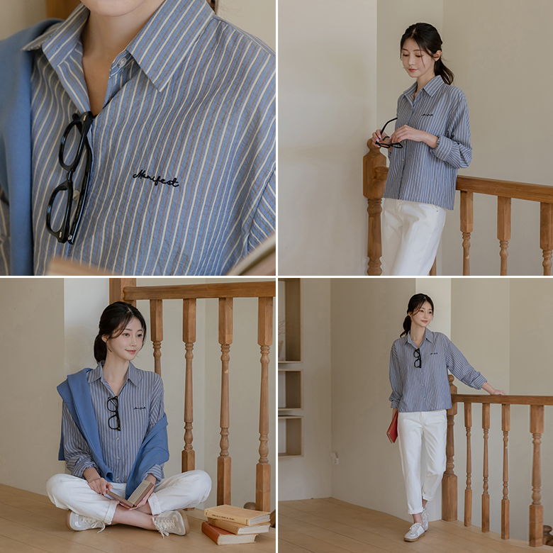 딥트 자수 스트라이프 셔츠