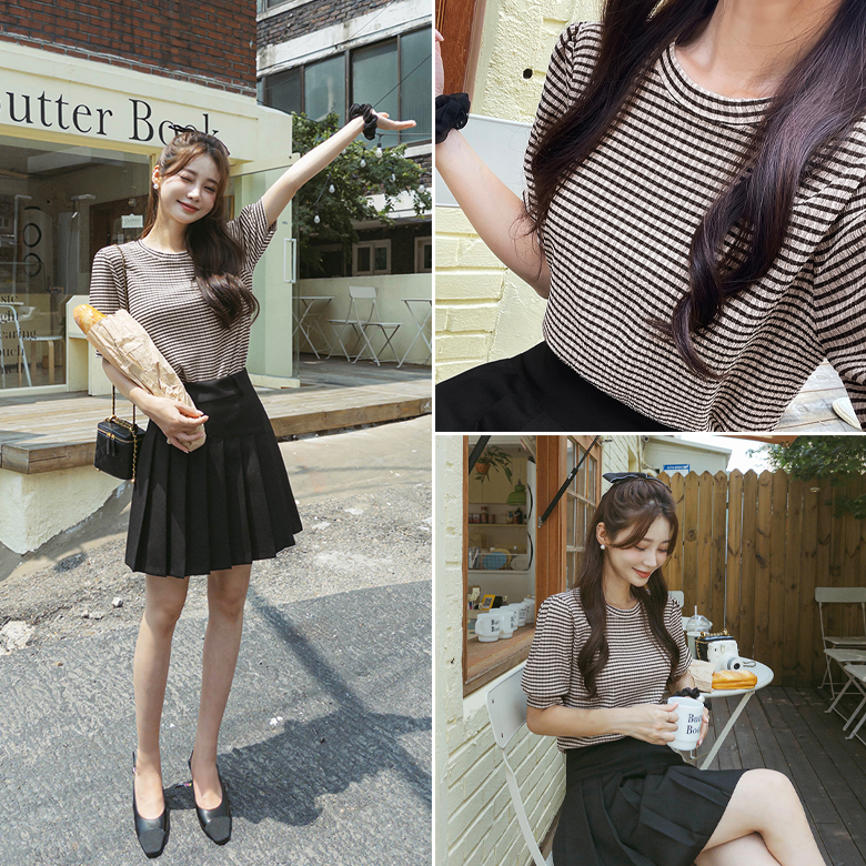 자크 체크 퍼프소매 블라우스 티