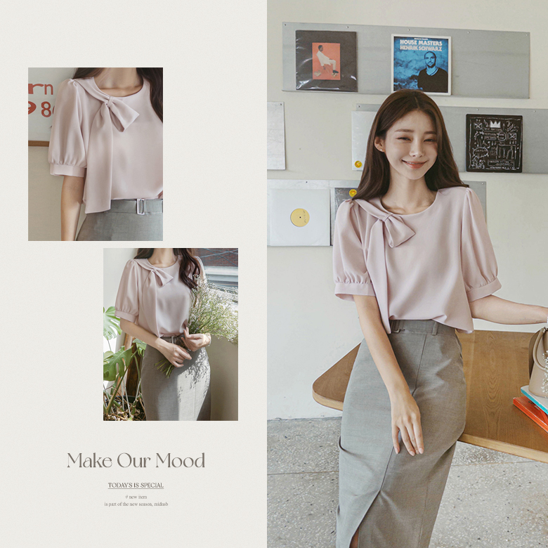 로아린 리본타이 반팔 블라우스