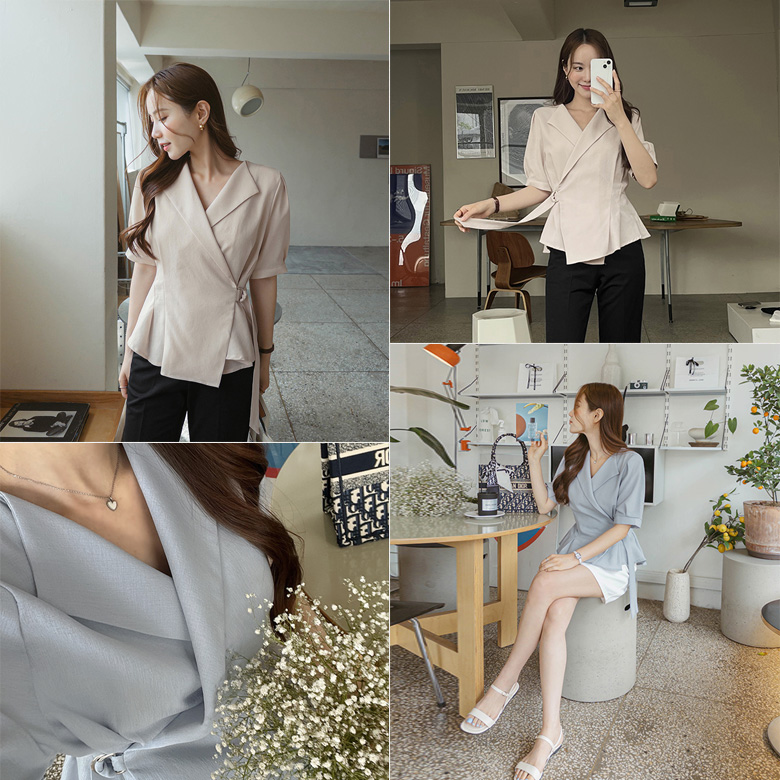 리프 랩 반팔 블라우스