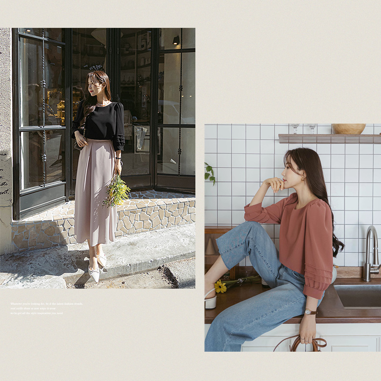 무딘 소매핀턱 7부 블라우스