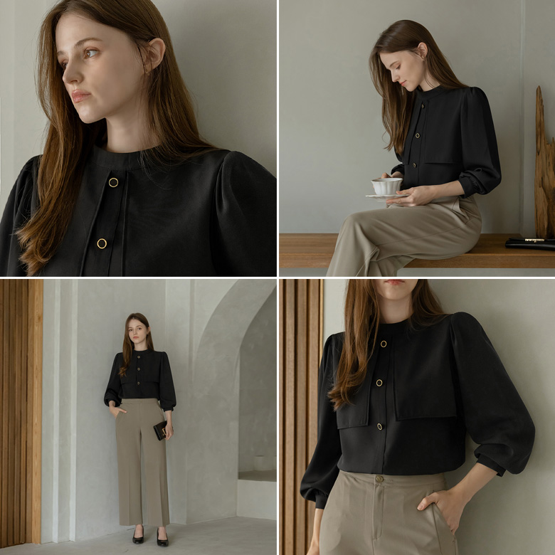 [뮤즈린] 데니 하이넥 골드버튼 블라우스