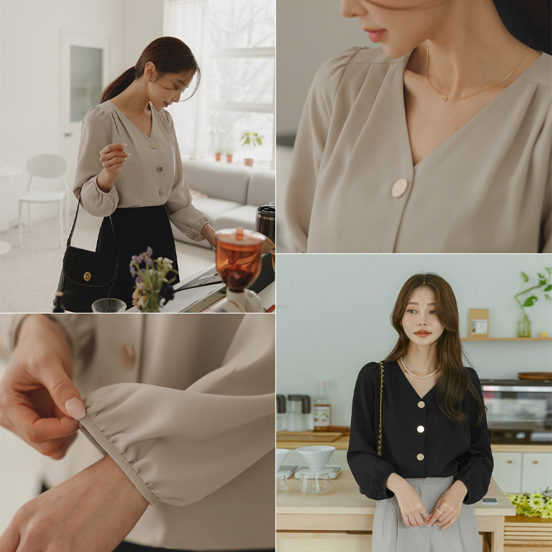 우크 골드버튼 핀턱 블라우스