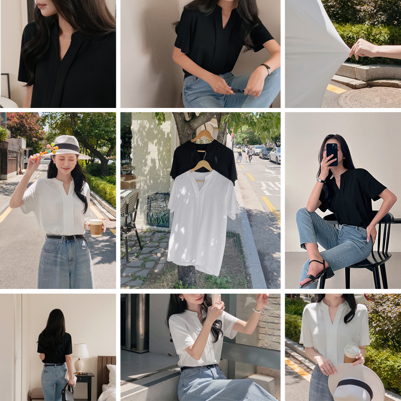 편안 오픈카라 반팔 블라우스 티