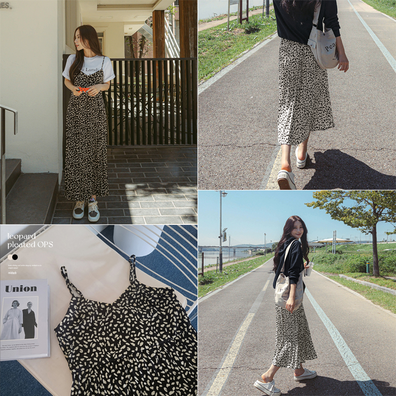 호안 레오파드 플리츠 원피스