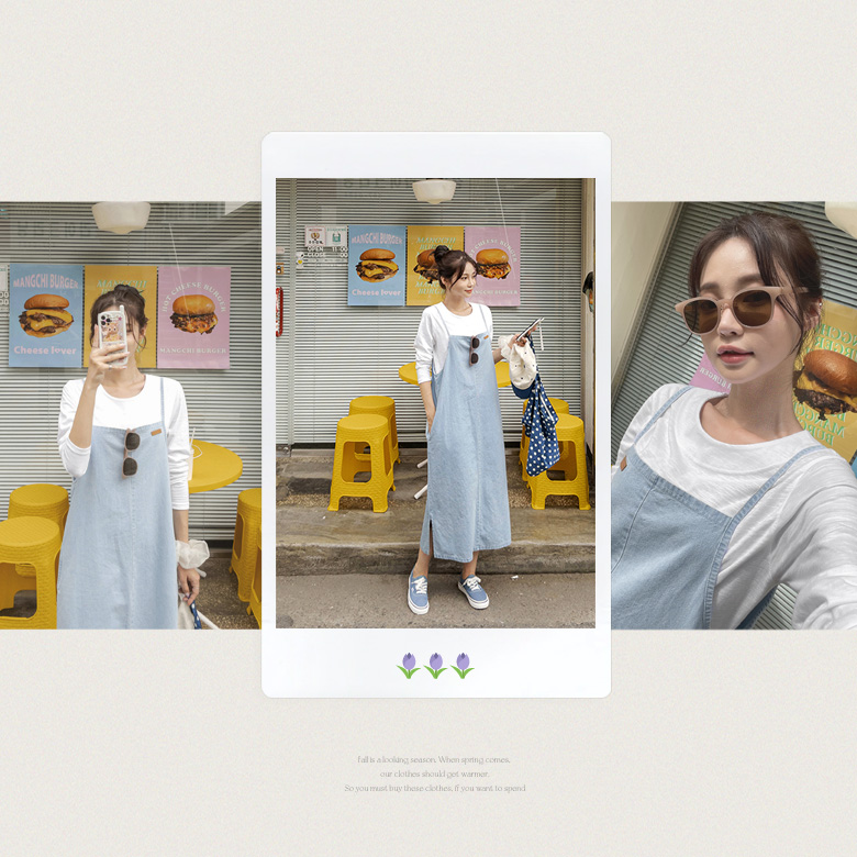 드리안 멜빵 데님 원피스