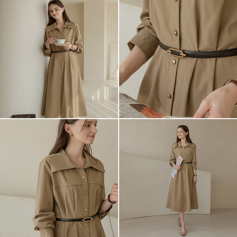 [뮤즈린] [벨트set] 에버 골드버튼 핀턱 원피스