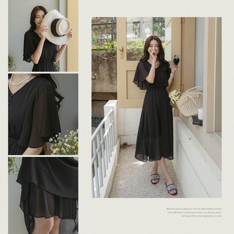 윙즈 날개소매 쉬폰 원피스