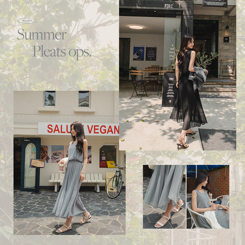 원클 쉬폰 플리츠 롱 원피스