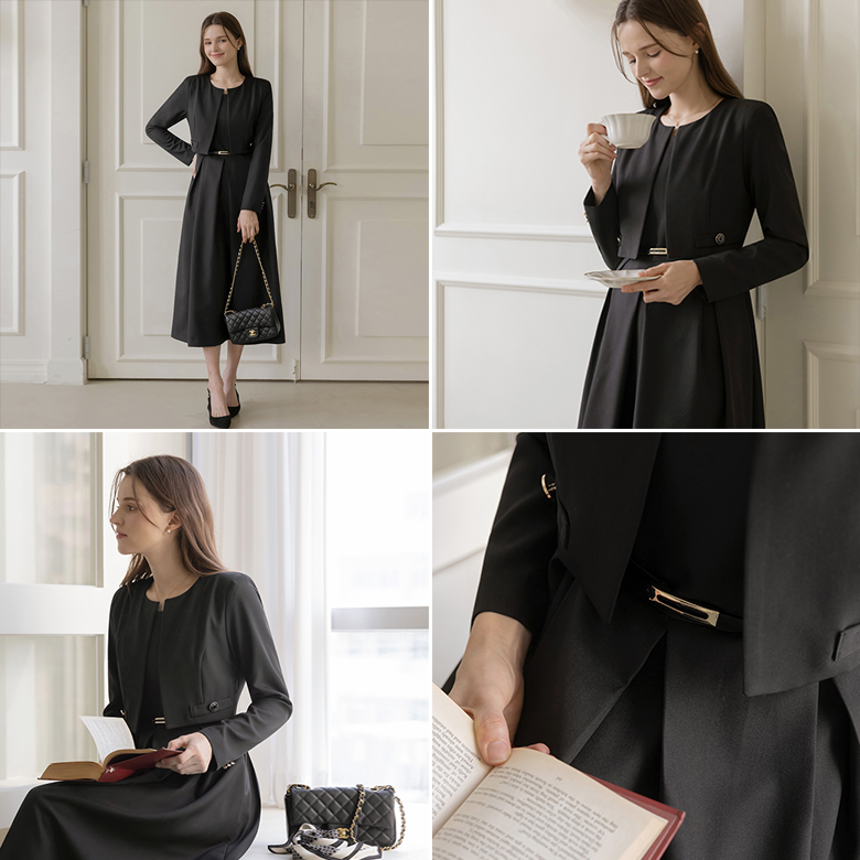 [뮤즈린] [벨트set] 퓨어 맞주름 자켓 원피스