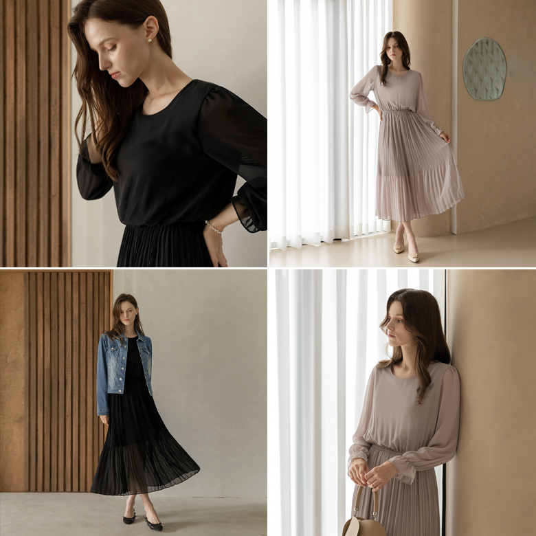 [뮤즈린] 정도 플리츠 쉬폰 롱 원피스