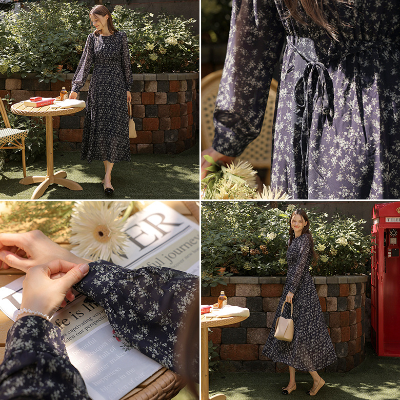 [뮤즈린] 델루나 플라워 셔링 쉬폰 원피스