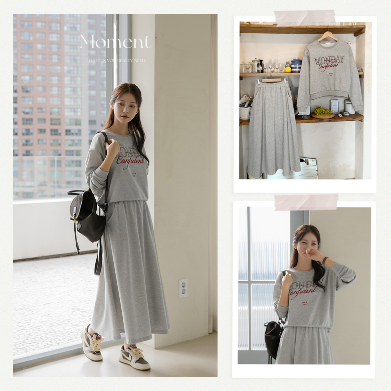 먼데이 레터링 맨투맨+스커트 SET