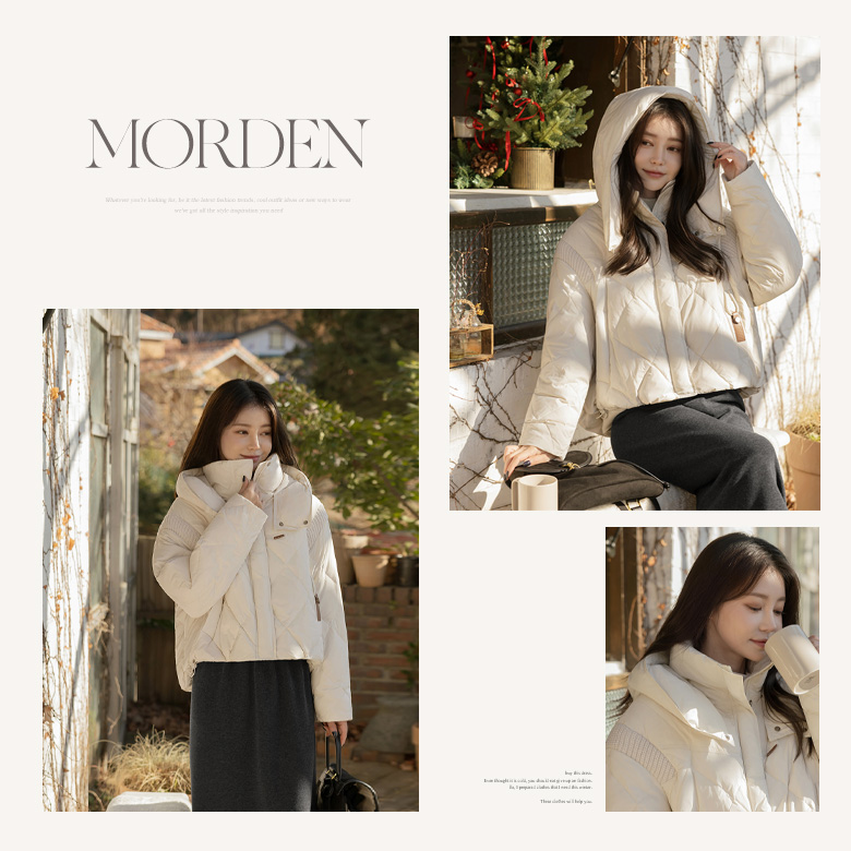 바이린 니트배색 후드 패딩점퍼 [오리털]