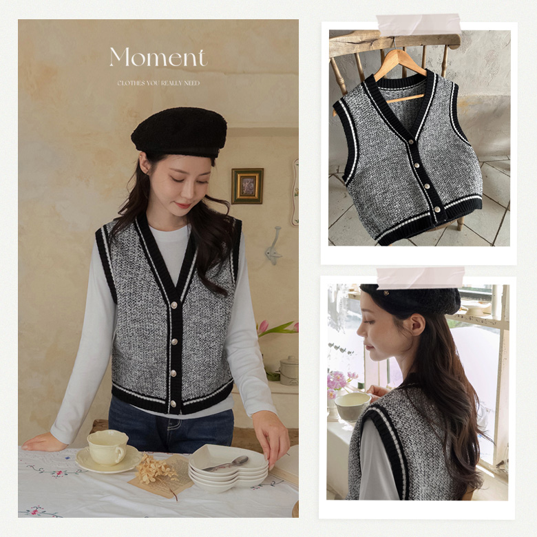 쿠앤크 배색 니트 조끼