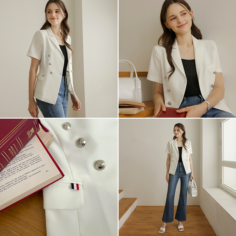 [뮤즈린] 르샤 테이핑 실버버튼 반팔 자켓