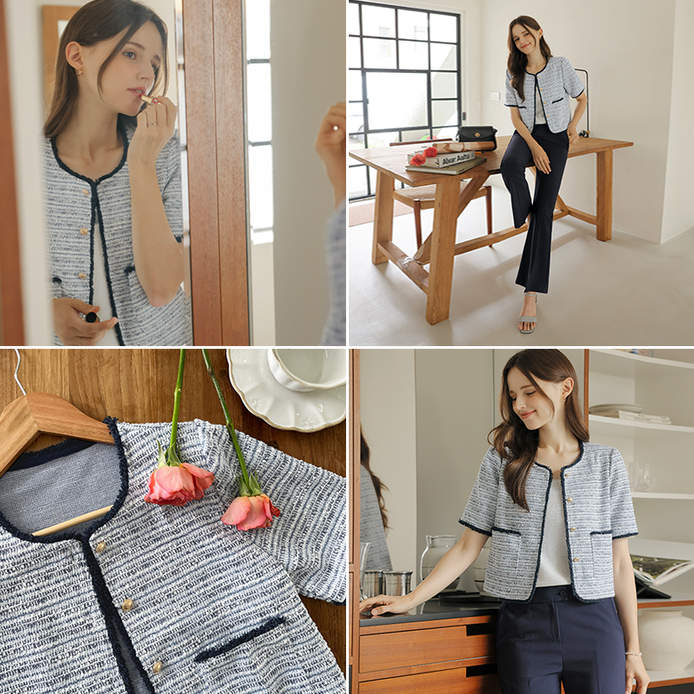 [뮤즈린] 셀로나 골드버튼 트위드 반팔 자켓