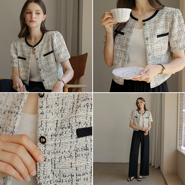 [뮤즈린] 슬로 골드버튼 트위드 반팔 자켓