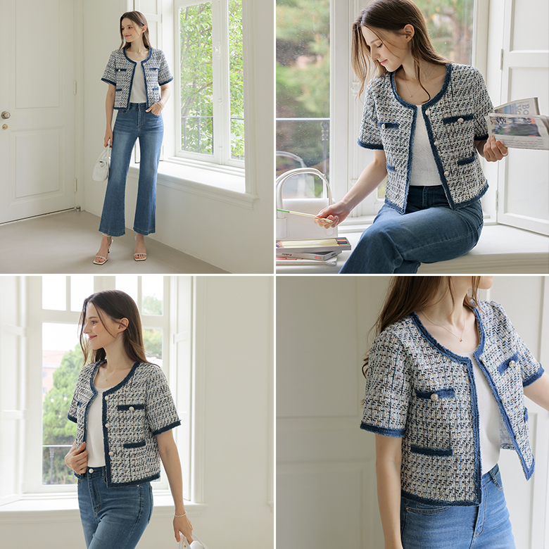 [뮤즈린] 헨시안 데님배색 트위드 반팔 자켓