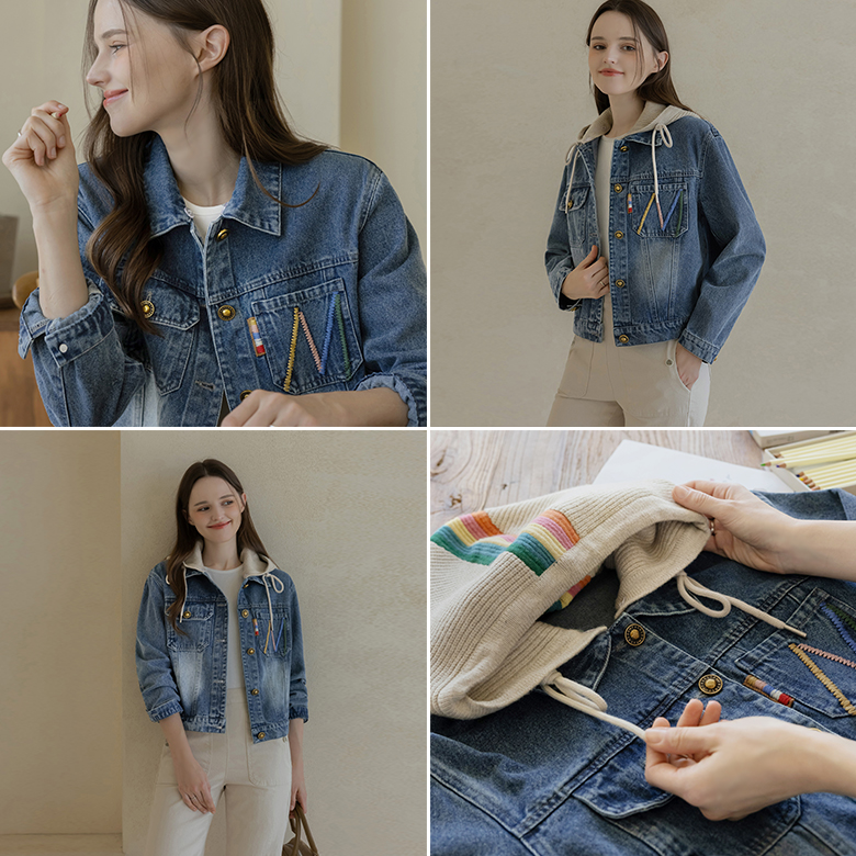 [뮤즈린] [후드] 엔터 레인보우 자수 데님 자켓