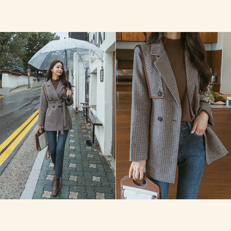 [끈set] 레노 체크 울 하프코트