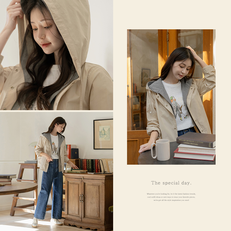 굿스타일 체크배색 후드 야상점퍼