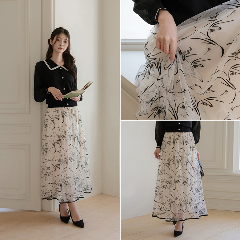 블랑드 쉬폰 패턴 샤 스커트 [밴딩]