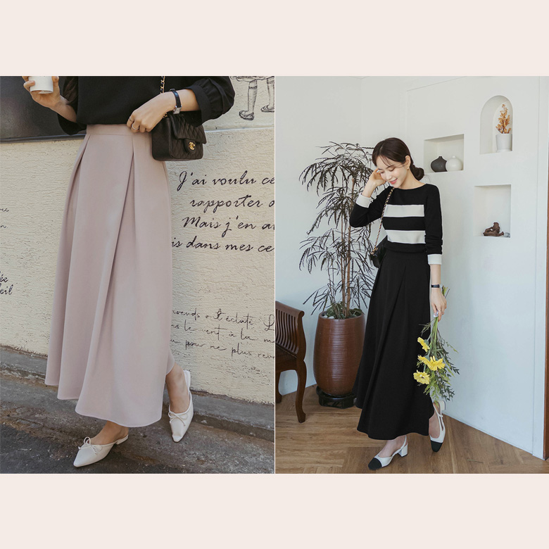 무딘 맞주름 플레어 스커트