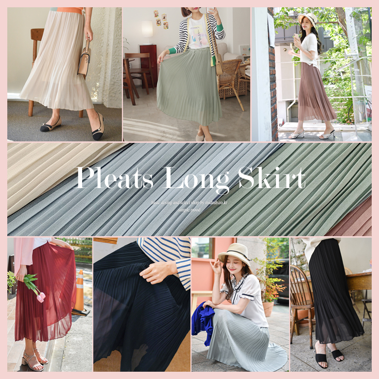 본즈 플리츠 쉬폰 롱 스커트 [밴딩]