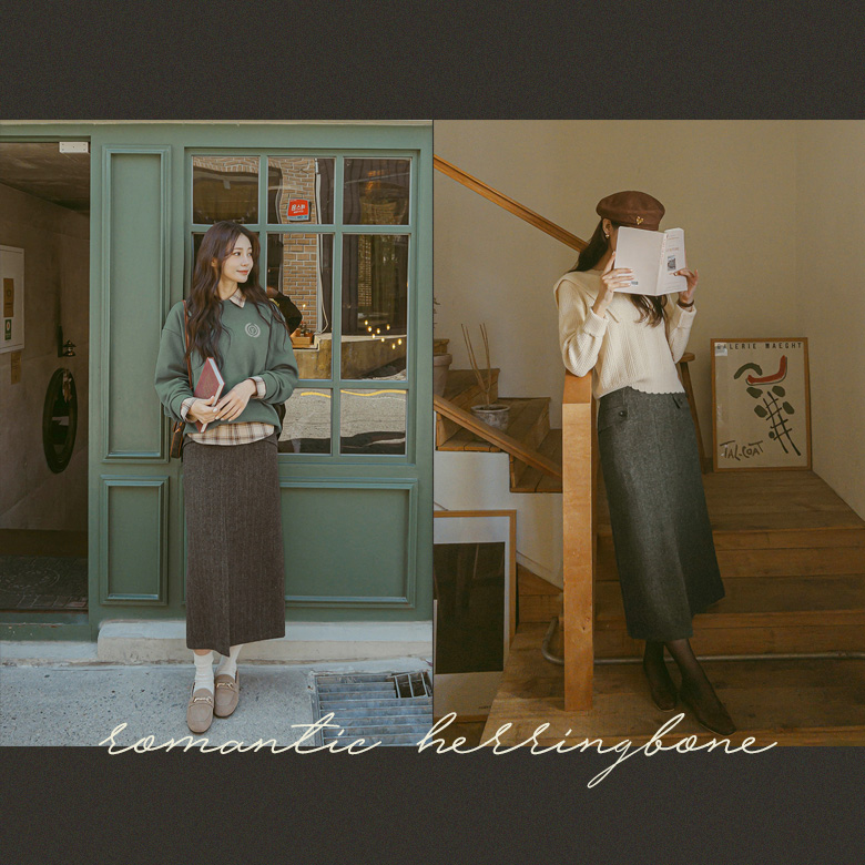 메라 헤링본 트임 울 스커트