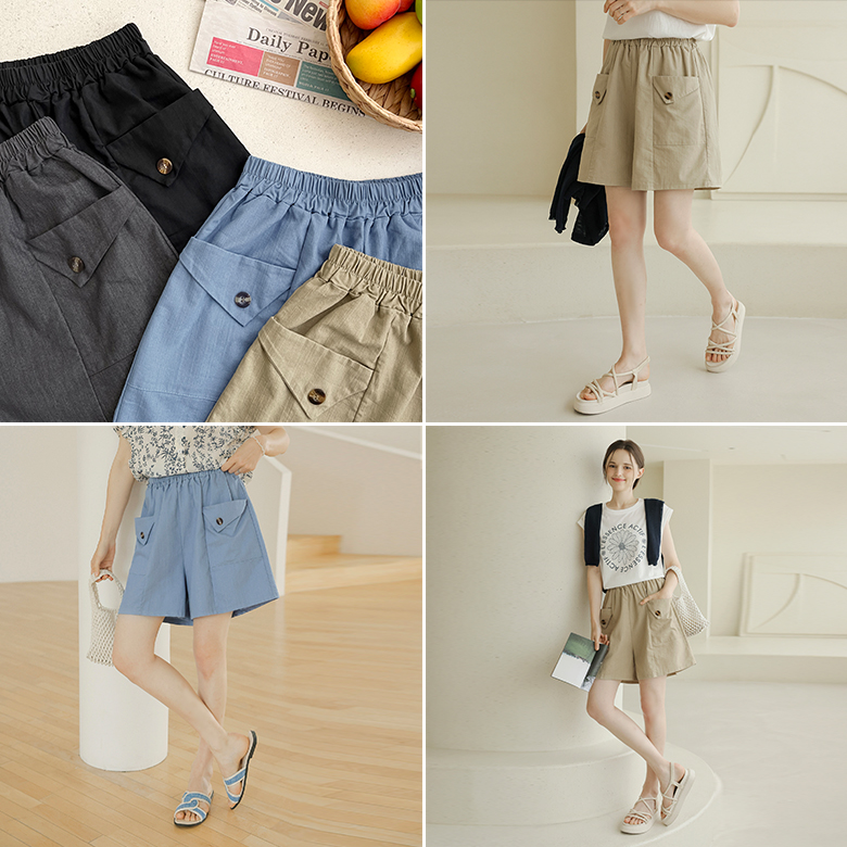 [뮤즈린] 두하 포켓 버튼 4부 팬츠 [밴딩]