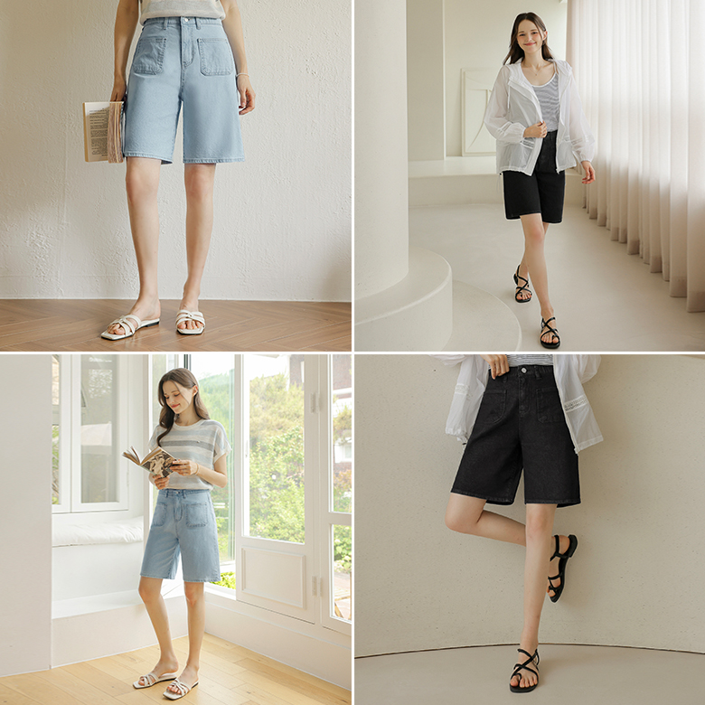 [뮤즈린] 미미 포켓 5부 데님팬츠 [밴딩]