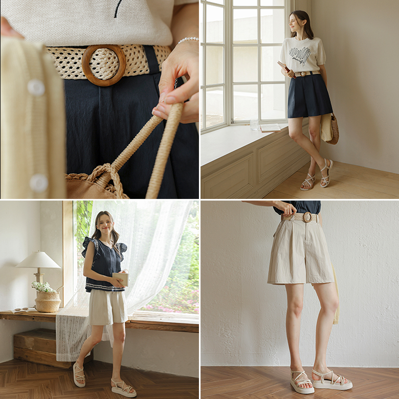 [뮤즈린] [벨트set] 티린 핀턱 4부 팬츠 [밴딩]