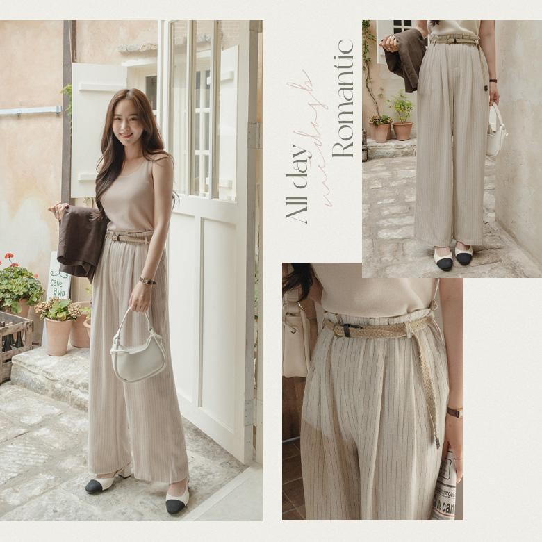 [벨트set] 드폰 줄지 린넨 팬츠 [밴딩]