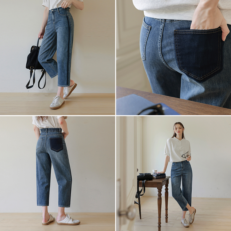 [뮤즈린] 위시드 포켓 배색 배기핏 데님팬츠 [밴딩]