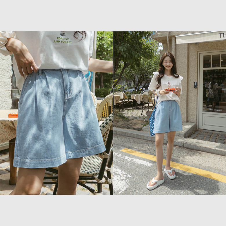 마인 핀턱 4부 데님팬츠 [밴딩]