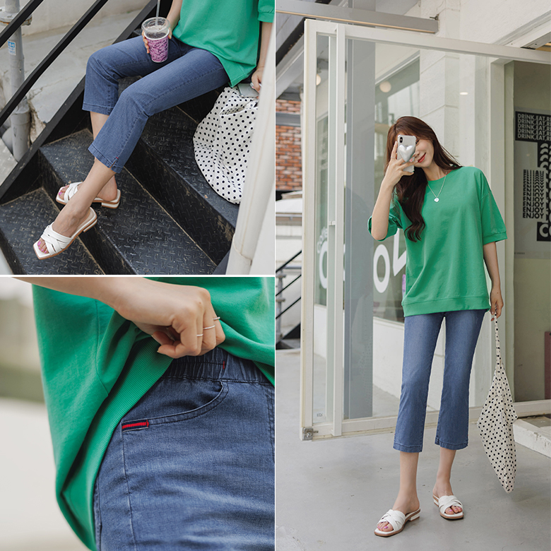 티마 8부 트임 데님팬츠 [밴딩]