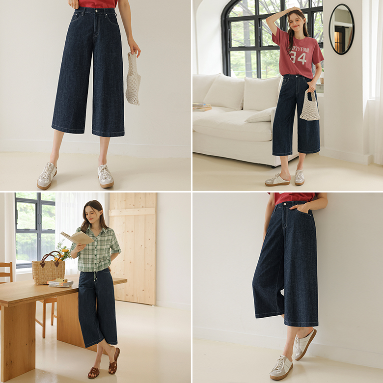 [뮤즈린] 루드 린넨 8부 와이드 데님팬츠 [밴딩]