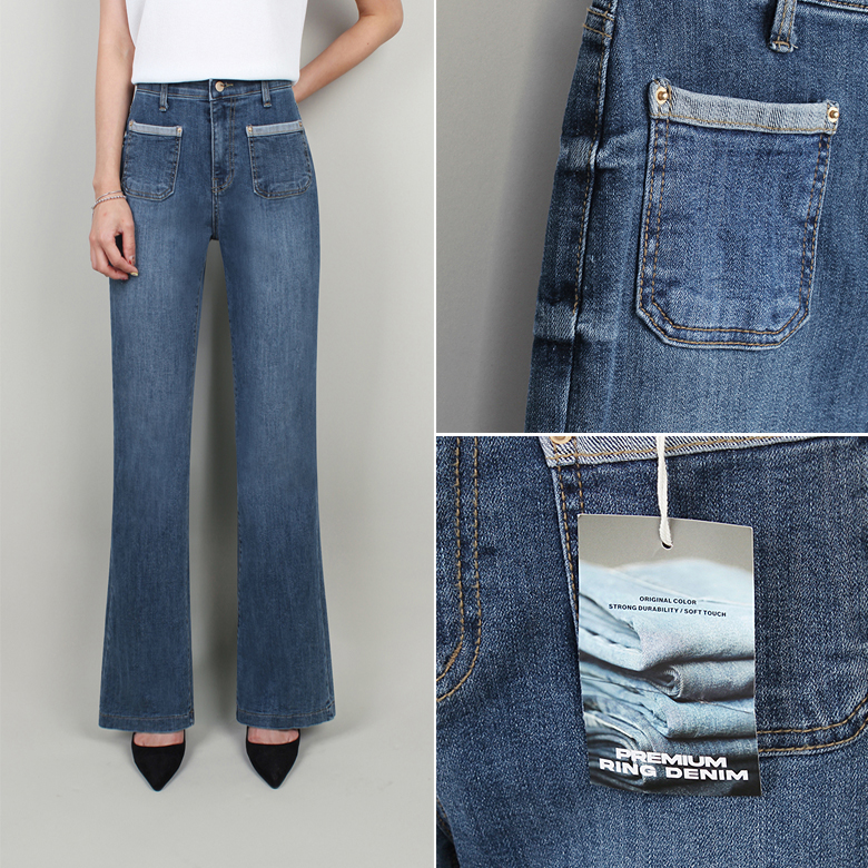 디안 포켓 배색 세미부츠컷 데님팬츠 [밴딩]