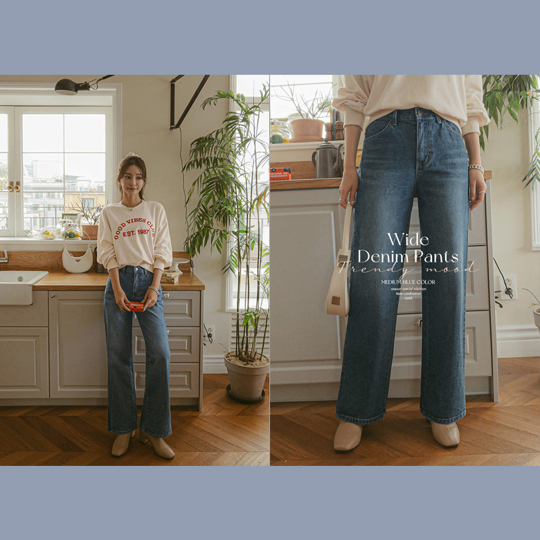 에어 트임 와이드 데님팬츠 [밴딩]